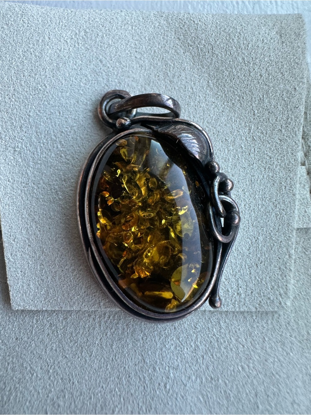 Olive Green Amber Cabochon Pendant in Antique Silver Setting